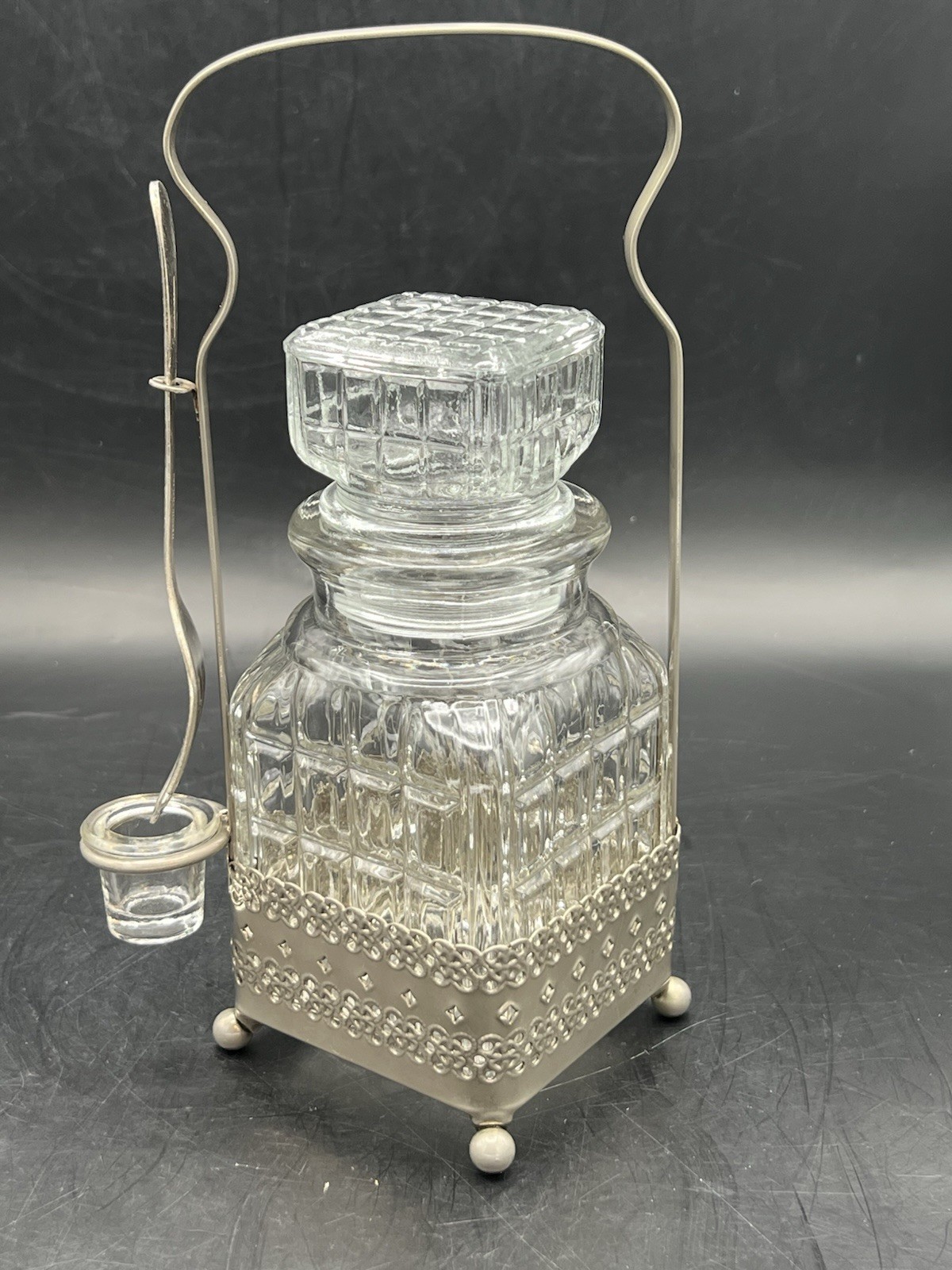VINTAGE PICKLE CASTOR Condiment Jar Glass w Silver Carrier Fork Drip Cup 1880s