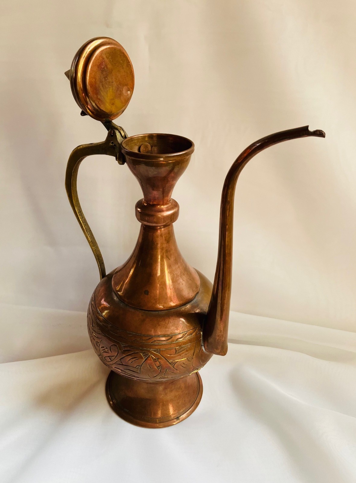 Vintage Islamic Middle Eastern Hand-forged and Engraved Copper Rosewater Ewer