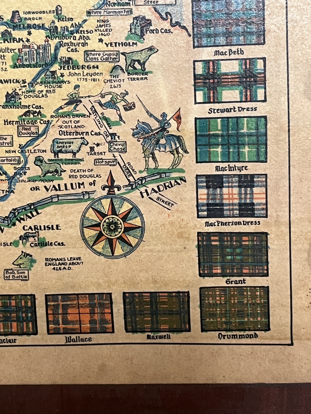 Vintage 1939 ‘The Story Map Of Scotland’ On Wood Placard 15” X 17” Hand Colored!