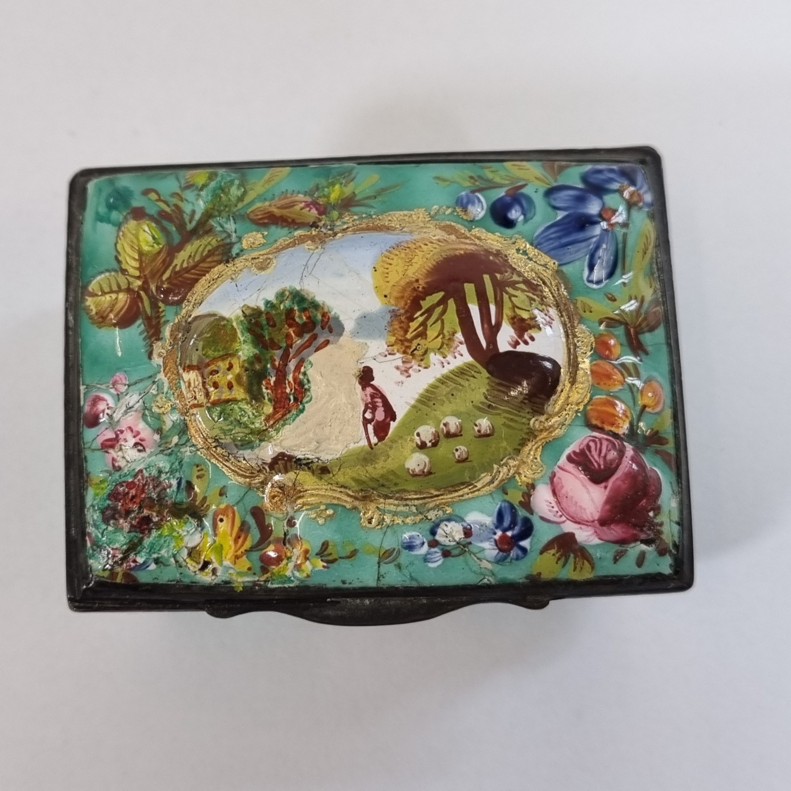 Antique 18thC Bilston Enamel Patch Box Decorated Flowers 5.7cm A/F