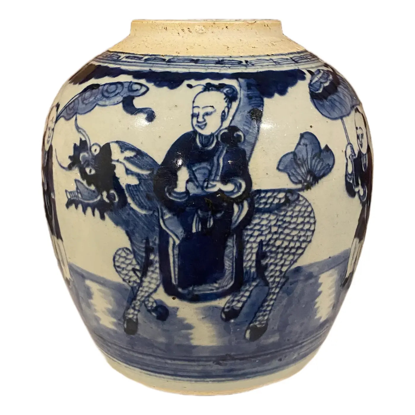 Antique 19th C. Chinese Blue and White Ginger Jar With Qilin Decoration