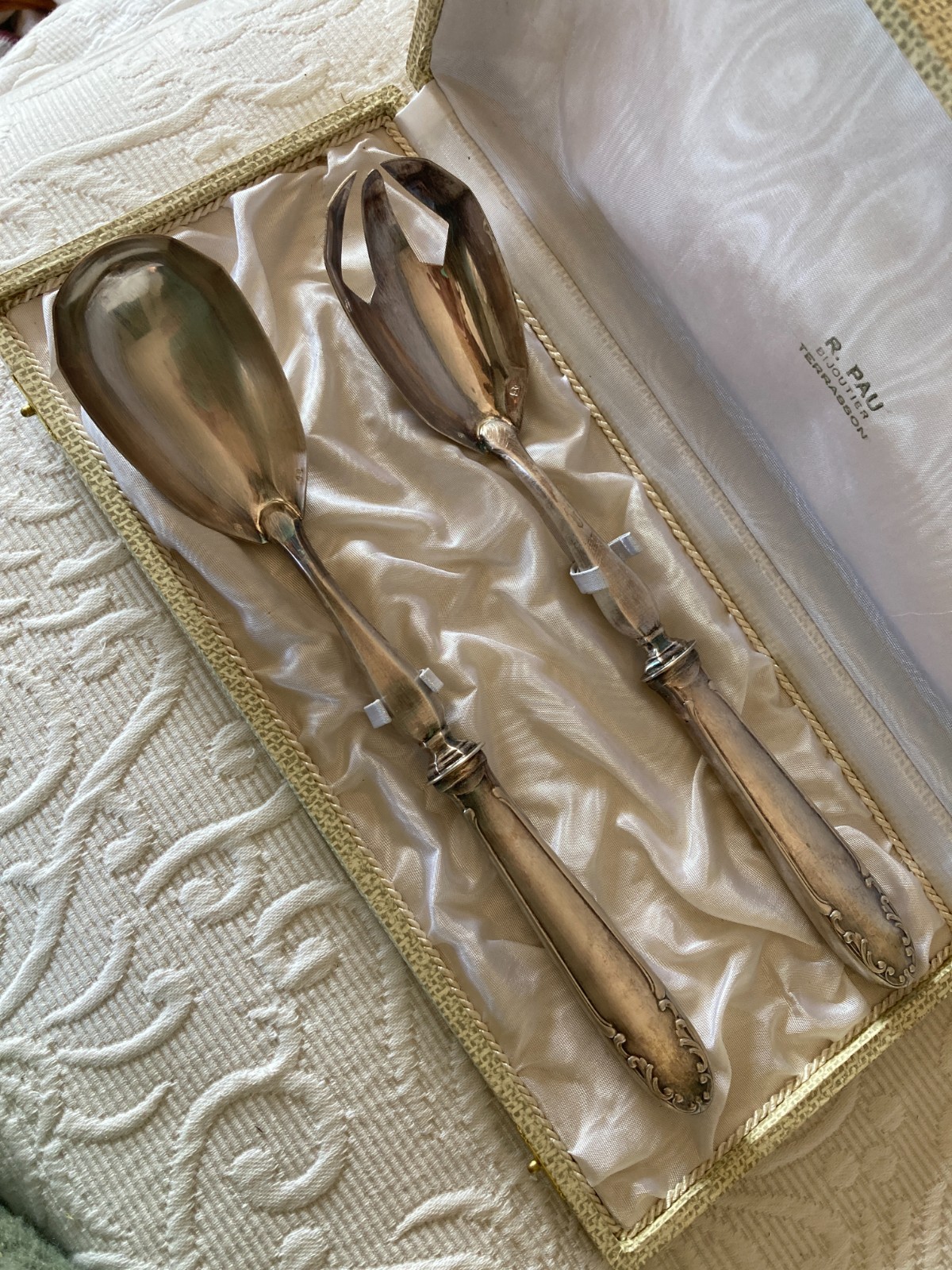Vintage Silverplate R. PAU France Salad Server Set Fork Spoon LG BOXED CASED SET