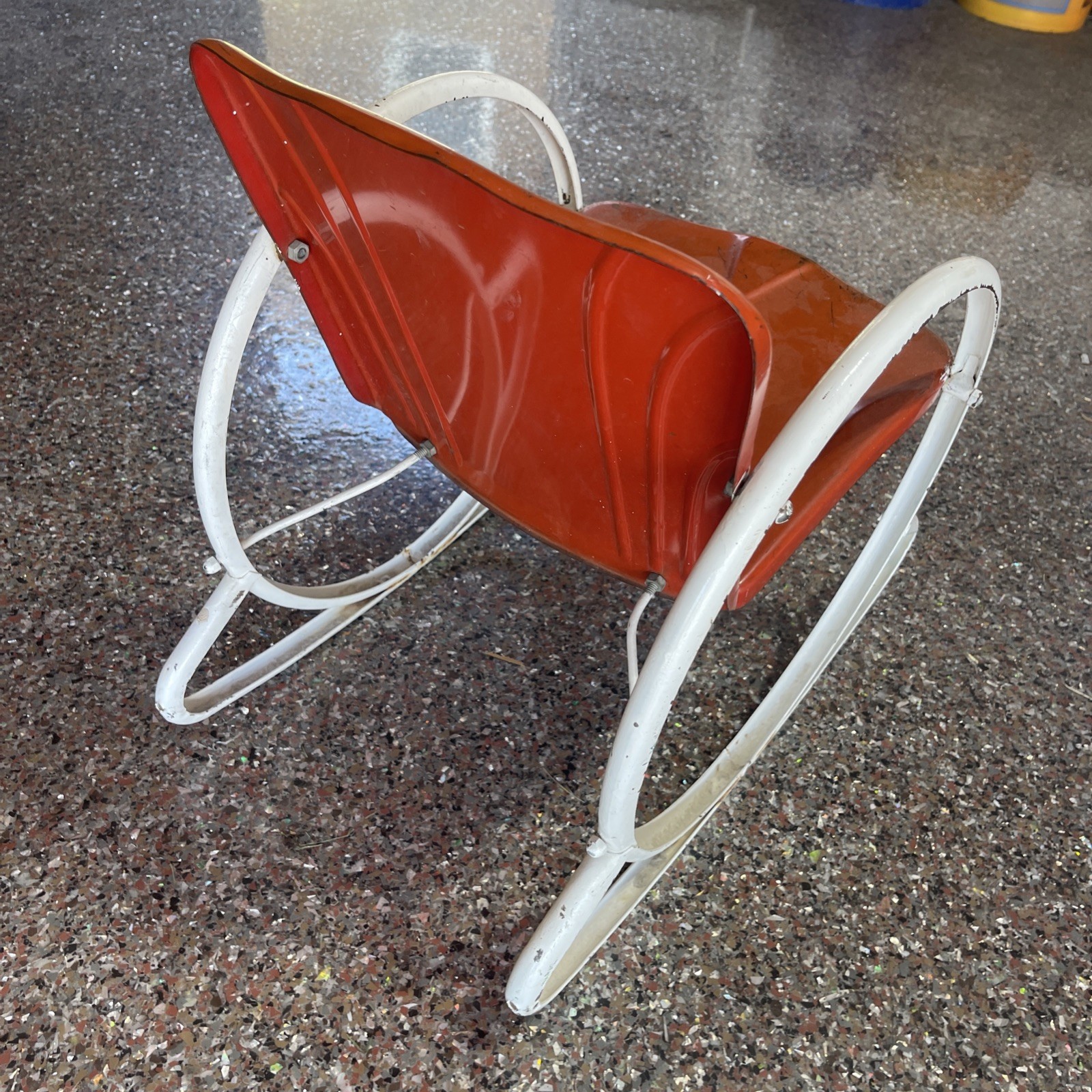 Antique 1940’s Ring a Rock Pressed Steel Metal Childs Rocking Chair Orange