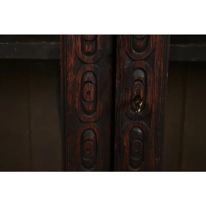 R. J. Horner Style Antique Victorian Carved Oak Bookcase Cabinet, Circa 1880s