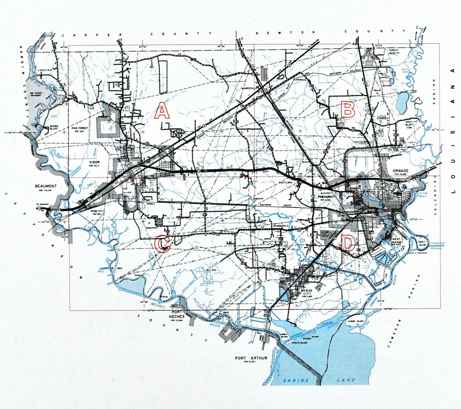 Texas Map Orange County Vidor Bridge City Pinehurst Sabine Lake Neches River TX