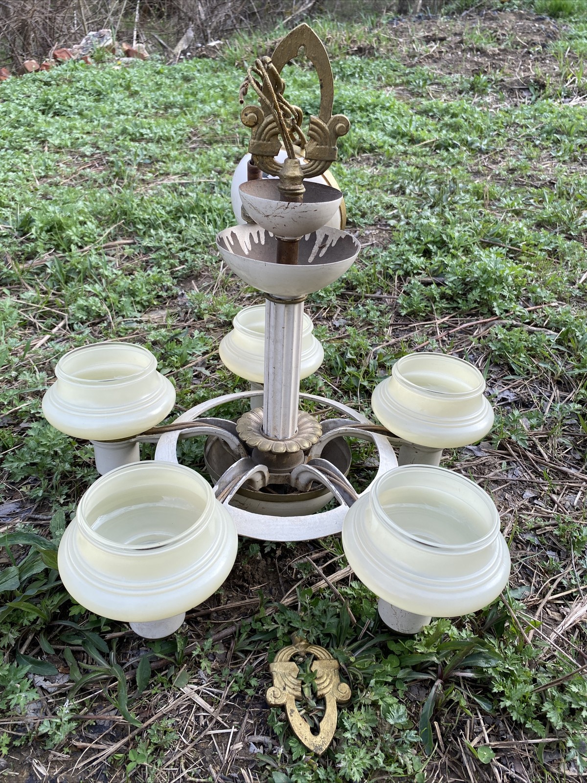 Antique Art Deco Cast Iron Chandelier With 5 Original Custard Globes~ LOOK! #2