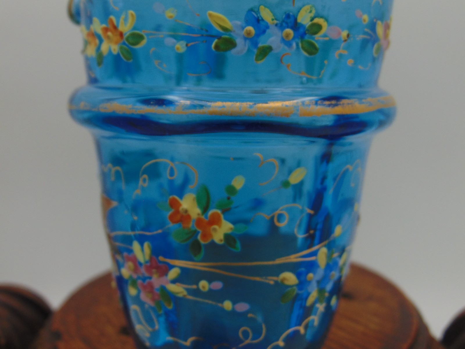 Antique Victorian Blue Topaz Hand Painted Floral Birds Art Glass Creamer Beaker