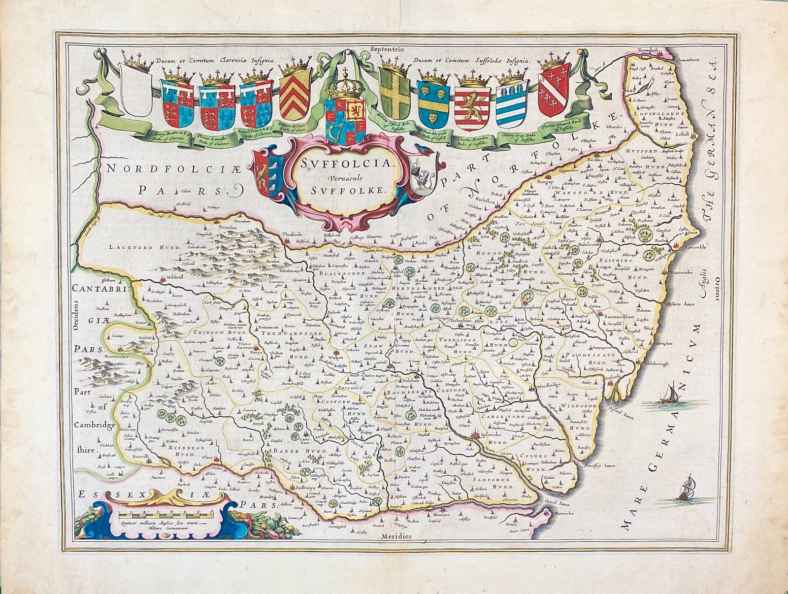 Suffolk Joan Blaeu 1648 map with fine hand colour edition