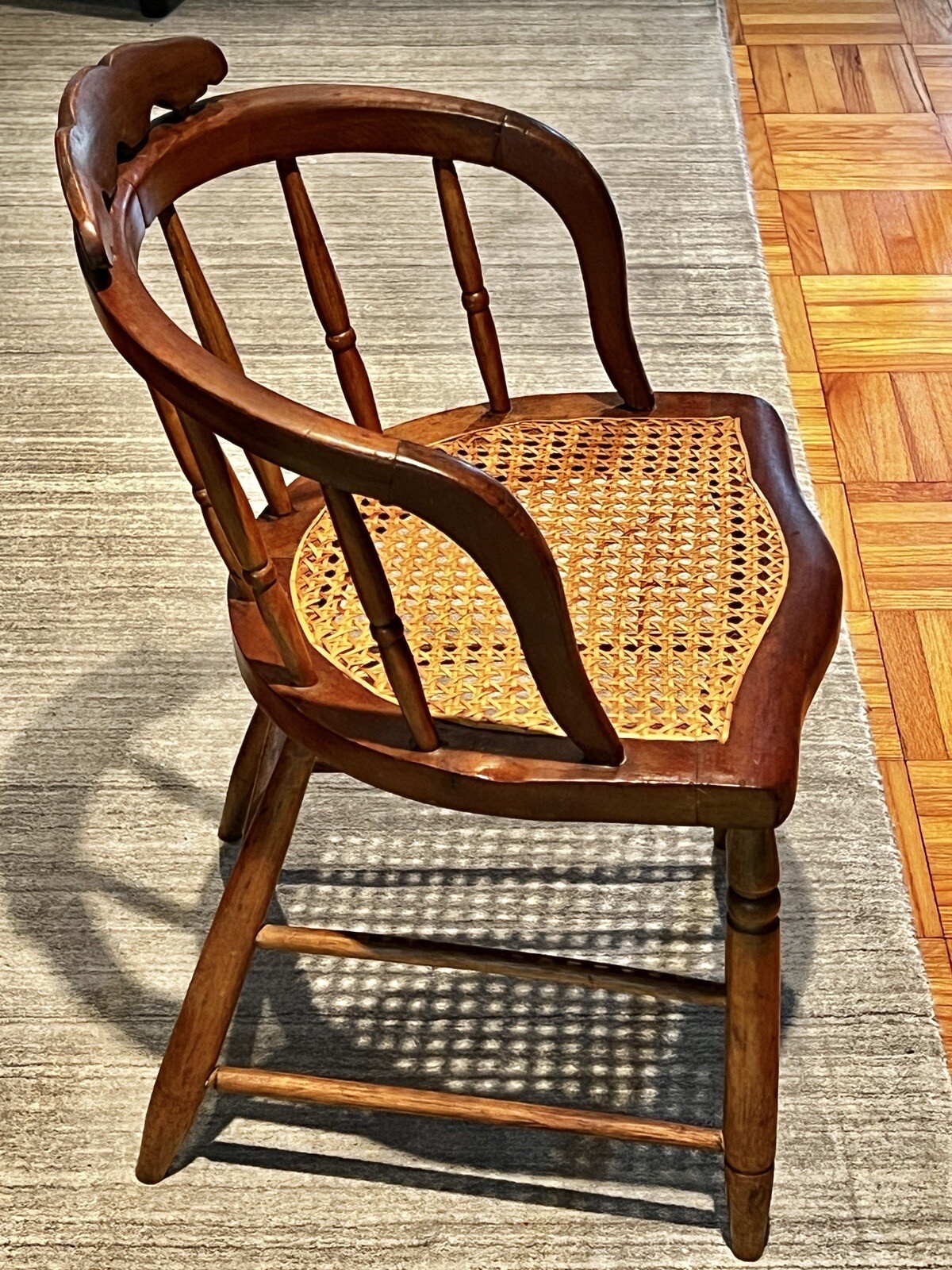 Antique Primitive Bow Back Spindle Back Cane Seat Windsor Accent Chair