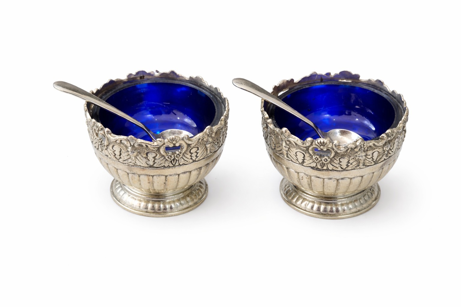 Antique Silver Plated Salt Cellars w/ Cobalt Blue Glass Liners & Spoons – Pair