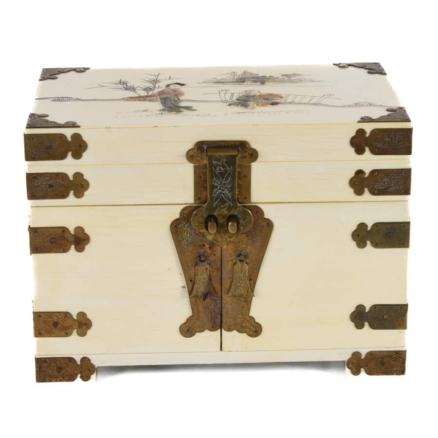Chinese Cream Wood and Brass Jewelry Box with Lock and Key
