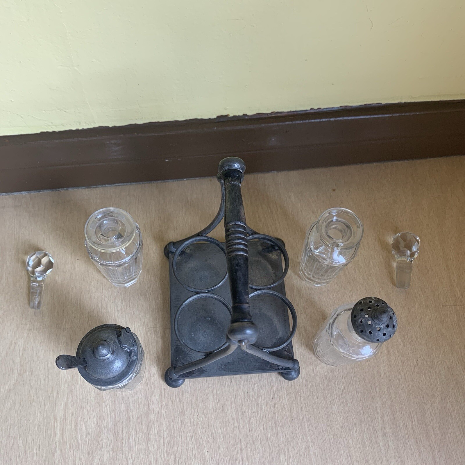 Victorian Castor Set Silverplate 4 Glass Cruets Jars Spoon Ashberry&Sons Antique
