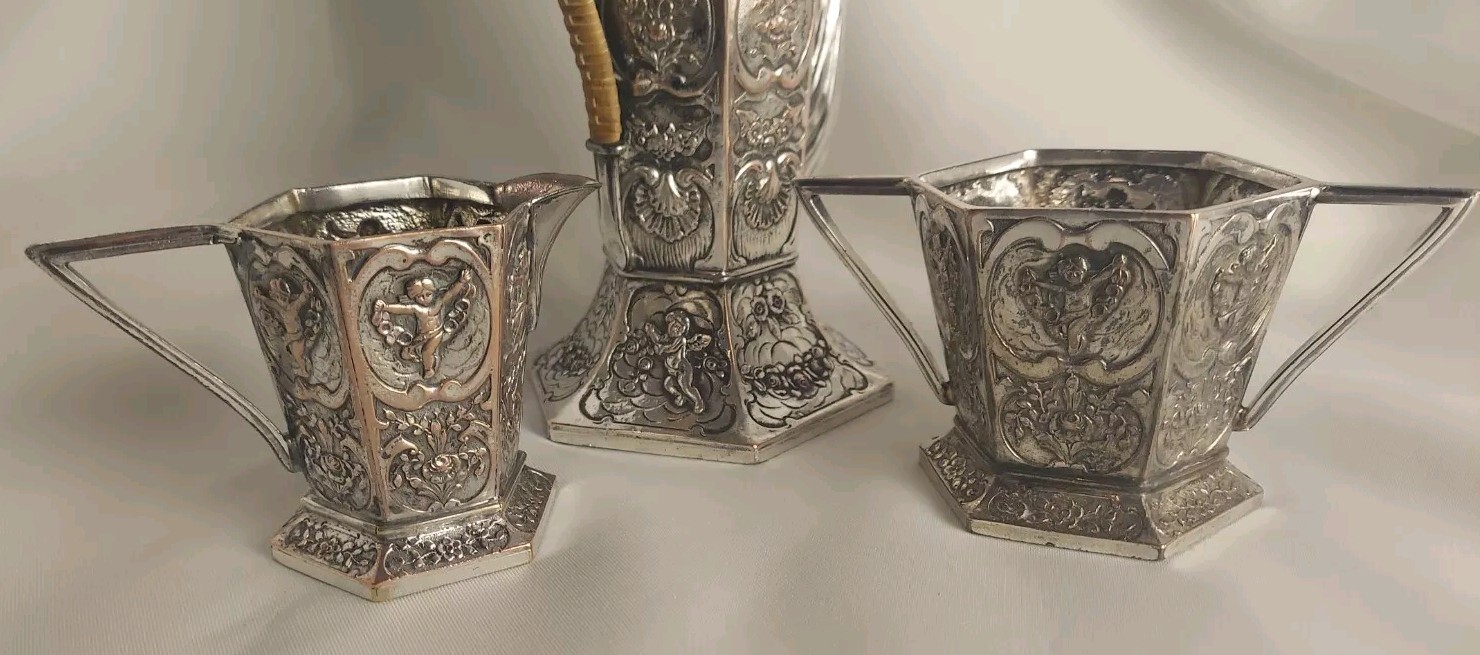 E.G. Webster Rocco Repousse Putti Cherub Gooseneck Teapot Set 1800s Antique