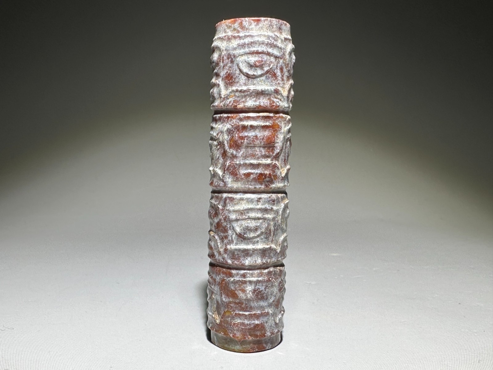 “Liang Zhu” Culture Old Jade Carved Animal Face Design “Guan” “Cong” L 7.1 cm