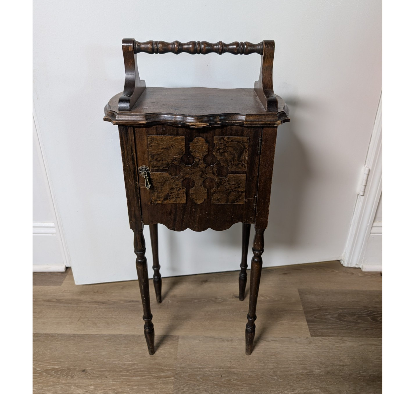 Antique Wood Freestanding Cabinet 1 Door Metal-Lined Interior Shelf 31x15x10