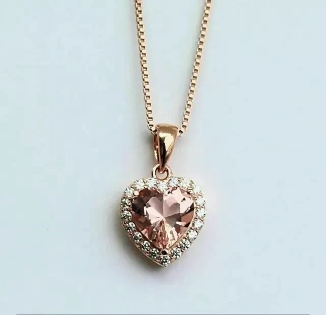 3.00Ct Heart Cut Lab-Created 14k Rose Gold Plated Morganite Diamond Pendant