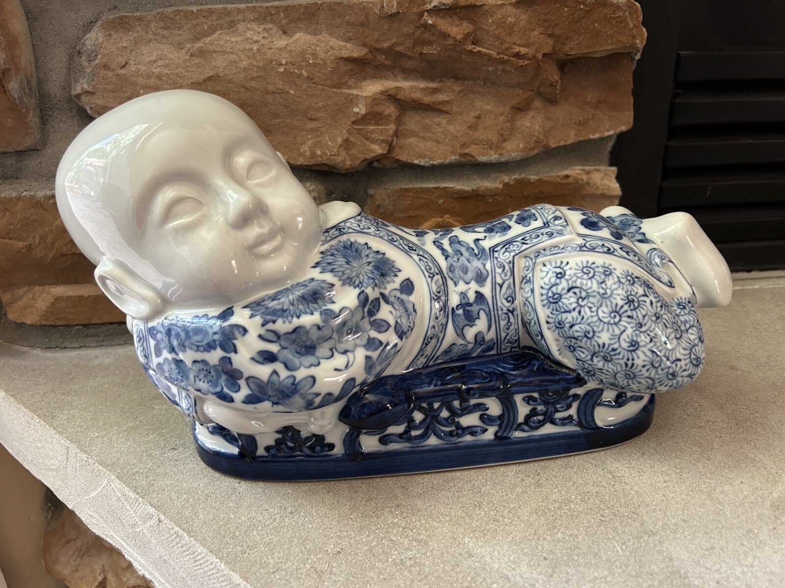 Vintage Chinese Blue & White Porcelain Sleeping Boy Pillow Headrest Figurine