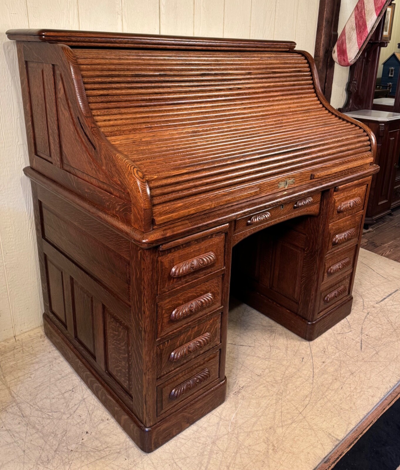 Antique Oak 50″ Raised Panel S-Roll Top Desk with Carved Pulls