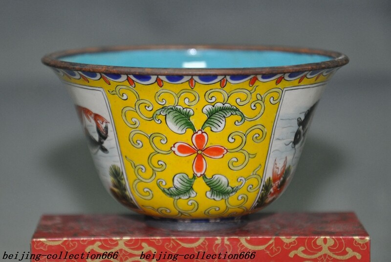 3.6″ Chinese bronze Cloisonne lucky animal fish goldfish text Tea cup Bowl Bowls