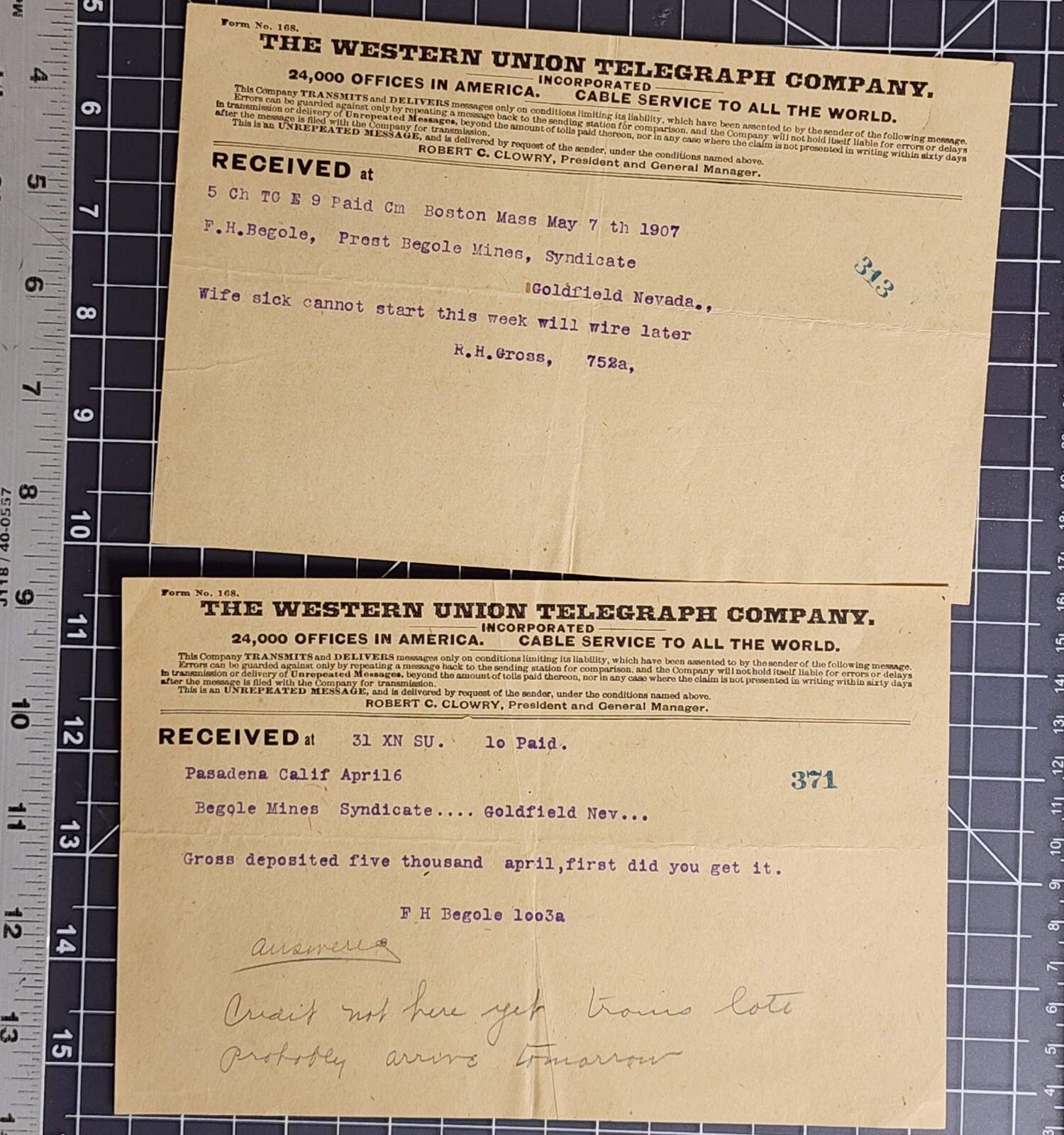 Western Union Telegraph Co. Goldfield NV. Begole Mines Syndicate 1907 Telegrams