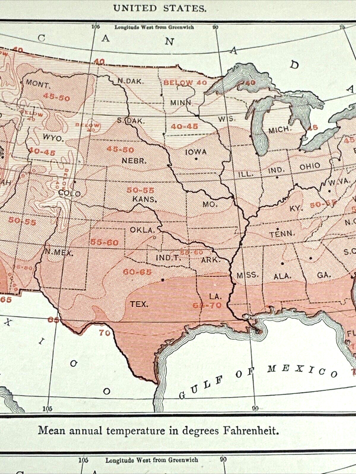 Antique Illustration Map Annual Temperature and Rainfall USA 1901 Climate Change