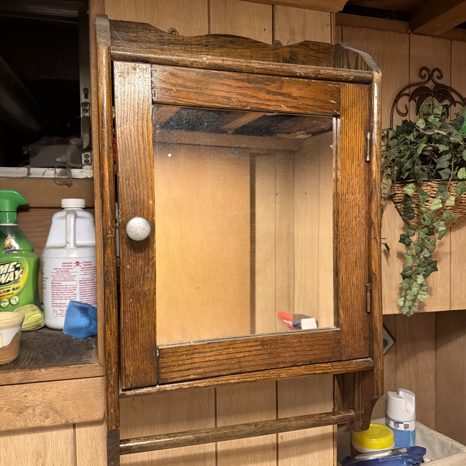 Antique Oak Bathroom Medicine Cabinet with Mirror and Towel Bar 1930s