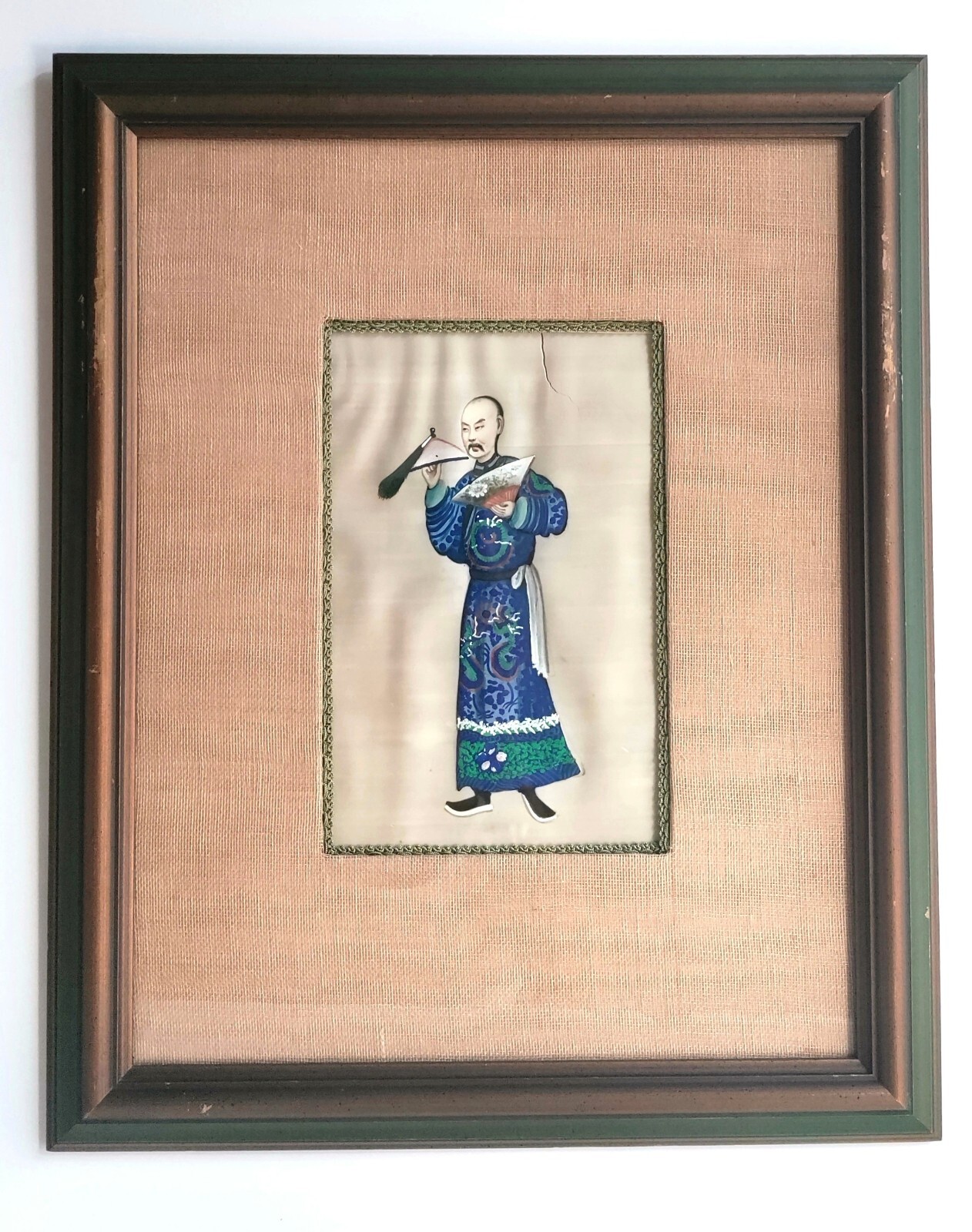 Antique Chinese Gouache painting of Nobleman with Fan and Hat on Vellum #2