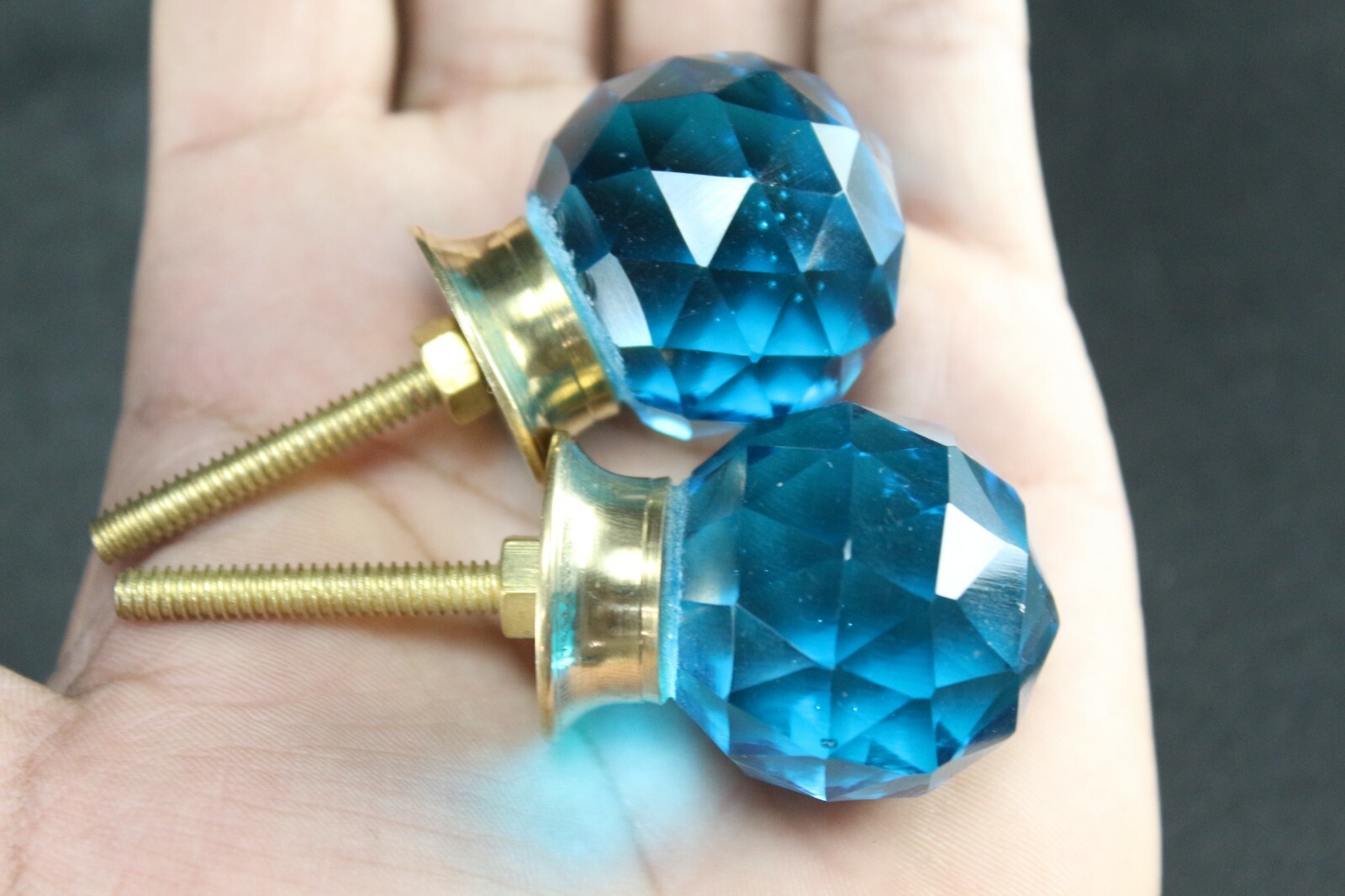 Sky Blue Diamond Cut Glass Door Knobs | Brass Base, Vintage Set of 2, Home Decor