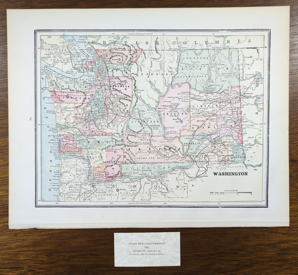 Vintage 1891 WASHINGTON Map 14″x11″ Old Antique Original OAKLAND OLYMPIA TACOMA