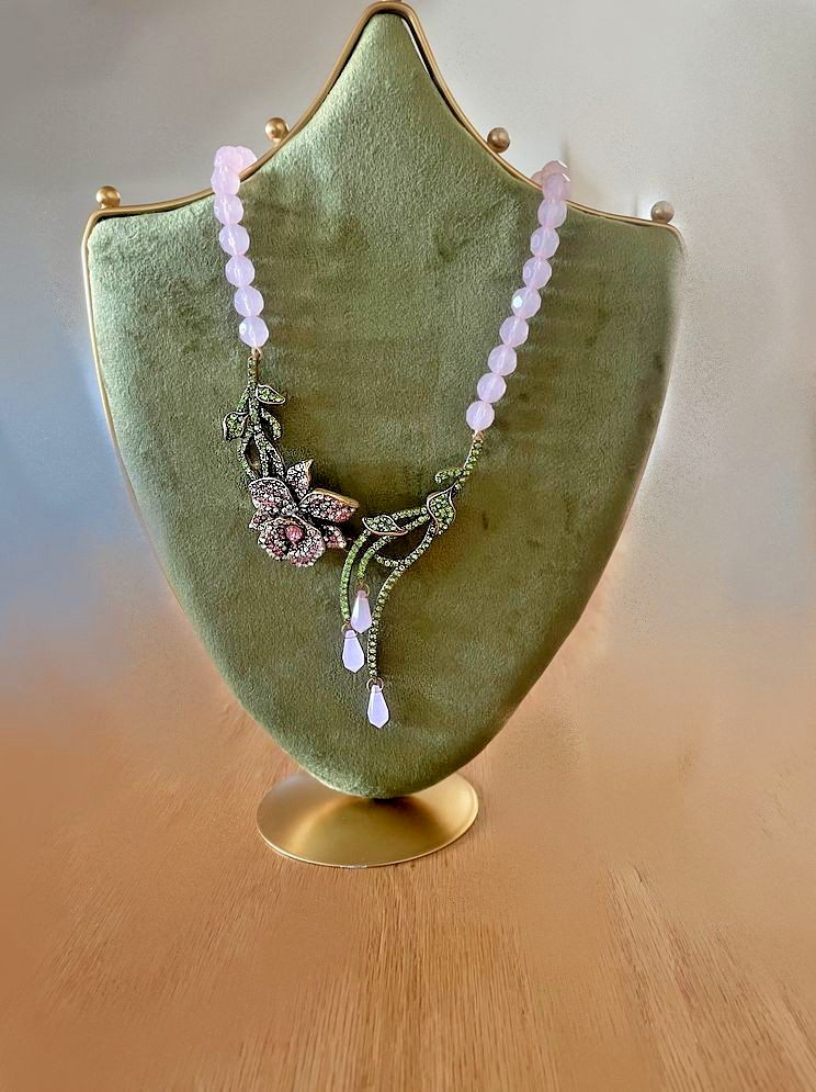 Flora lStatement Necklace ,Encrusted Pink Green Orchid, Stems Leaves Choker