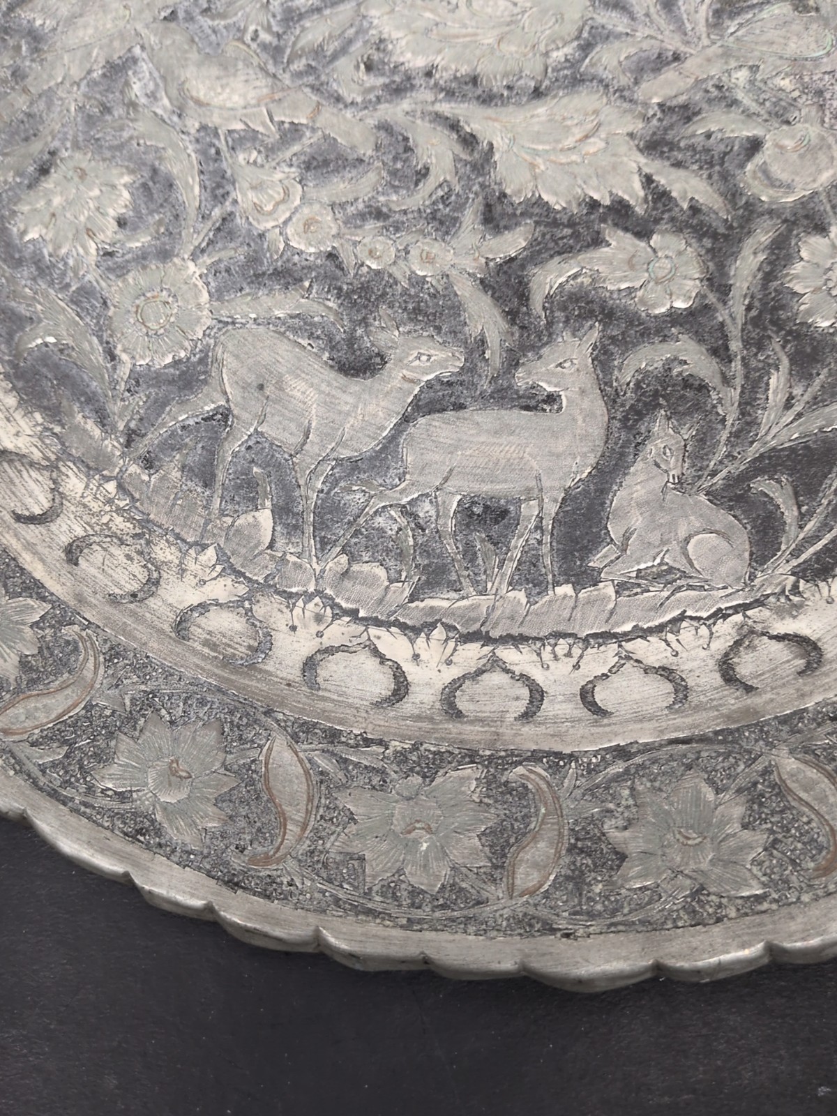 Rare Deer flora birds pattern Brass Silver Metal Middle Eastern Persian Tray 15″