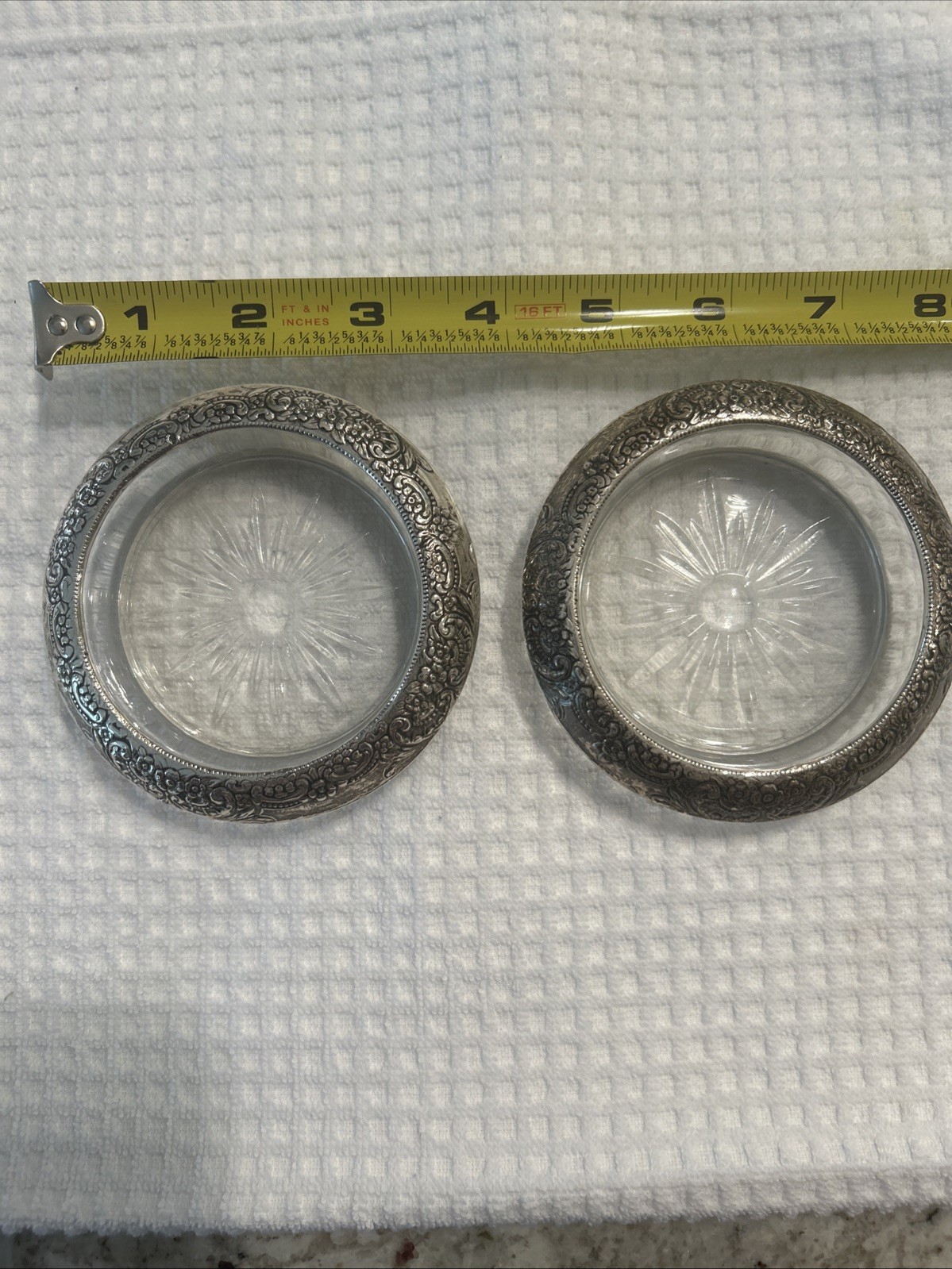 Vintage Botticelli Pattern Frank M Whiting Sterling Silver Glass Coasters. Two.