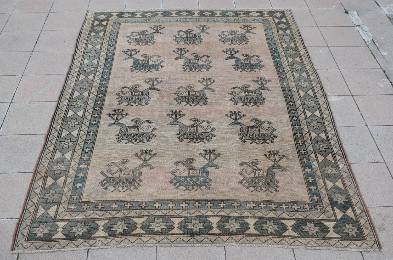 Vintage Turkish Oversize Rug 7 x 10 ft Rare Design Oushak Medium Pile Wool Rug