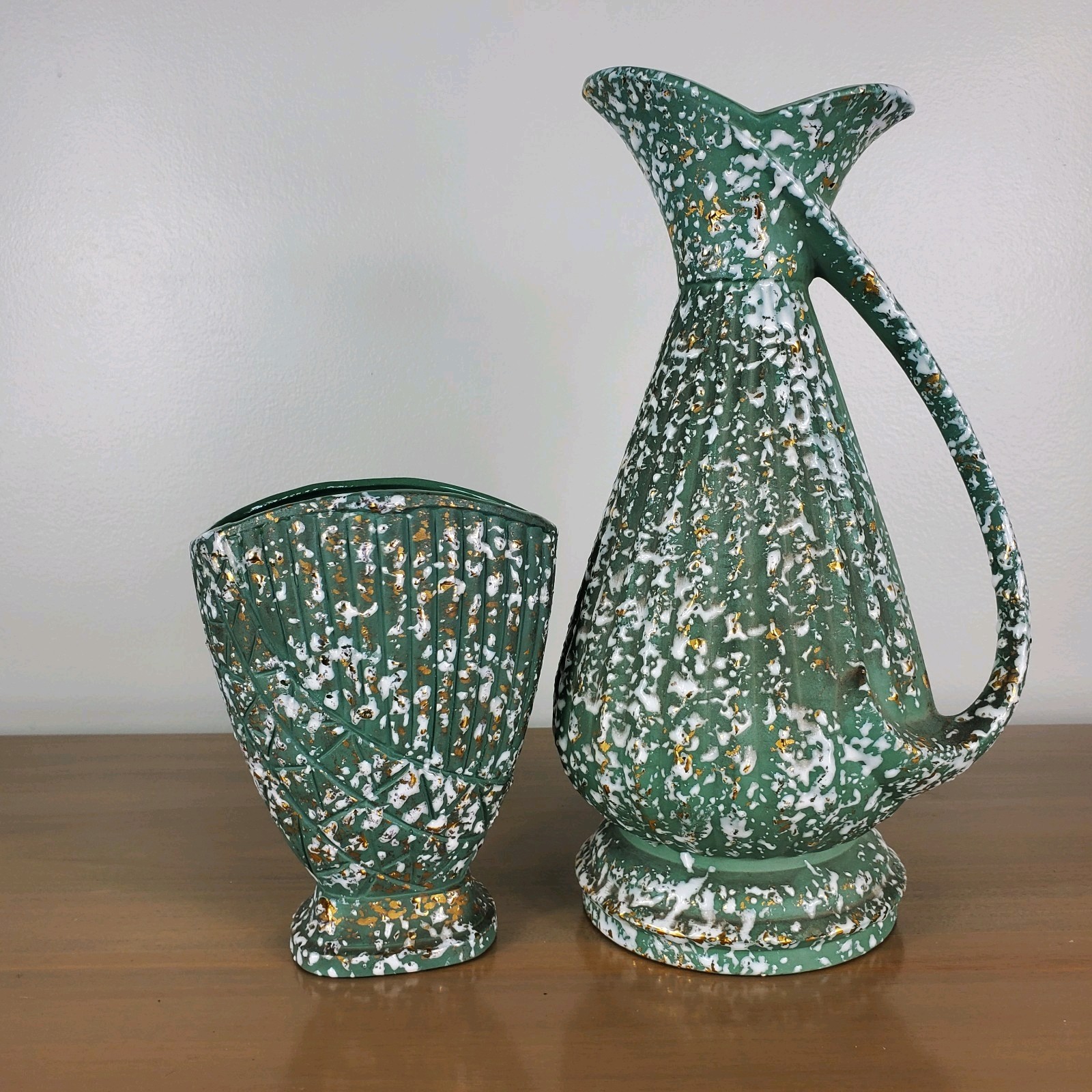 Splatterware Green White Gold Ewer Pitcher And Vase Mid-Century Modern Vintage