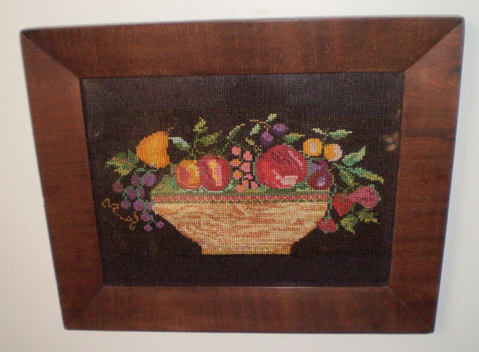 19th C Needlepoint Theorem Large Basket of Fruit/Flowers In Original Frame
