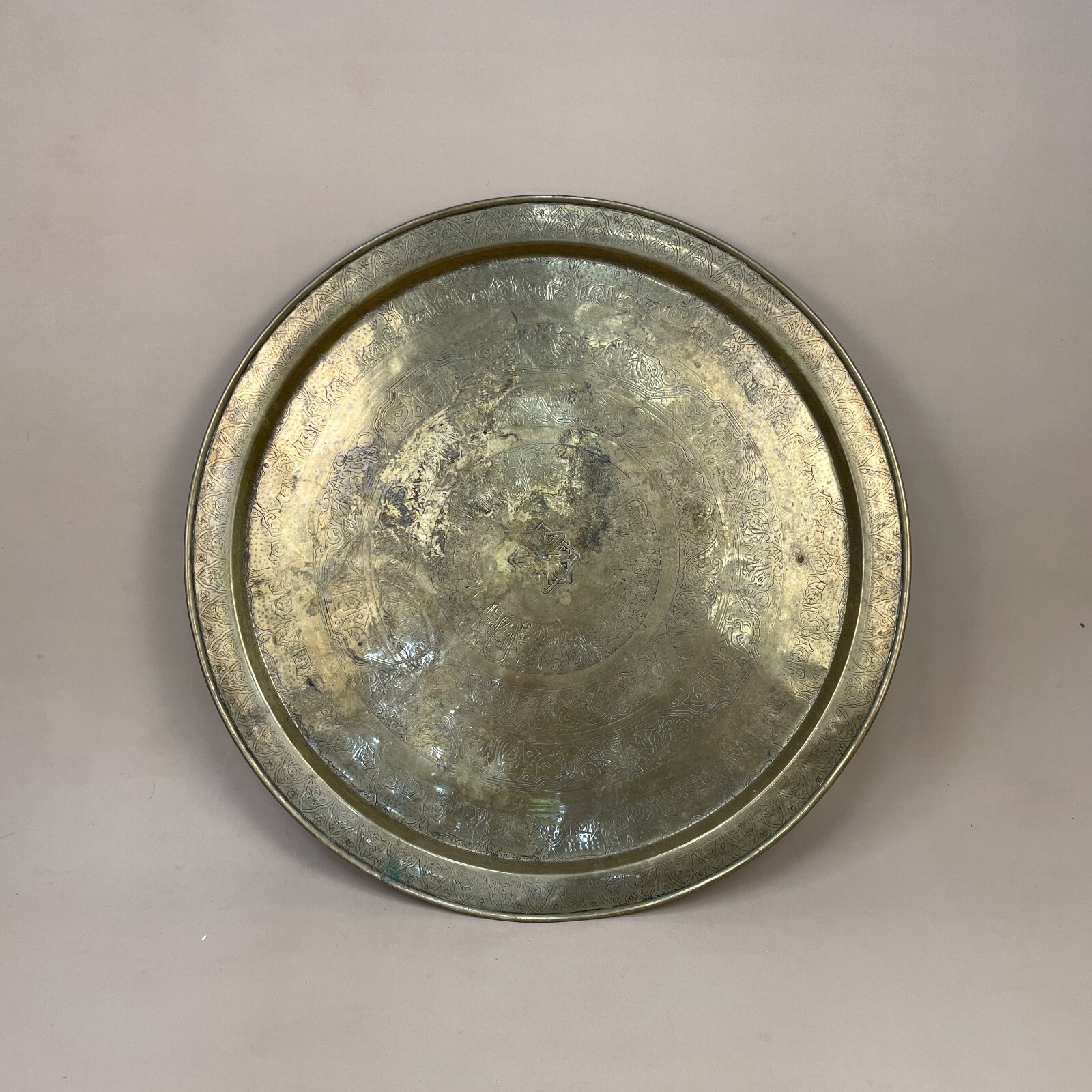 Antique Metal Gold Indian Patterned Brass Tray 58cm Plate Circular Decorative