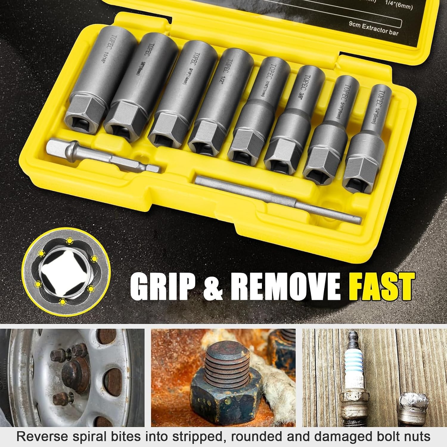 10-Piece Spiral Type Deep Bolt Extractor Set, Spark Plug Extraction Socket Set,