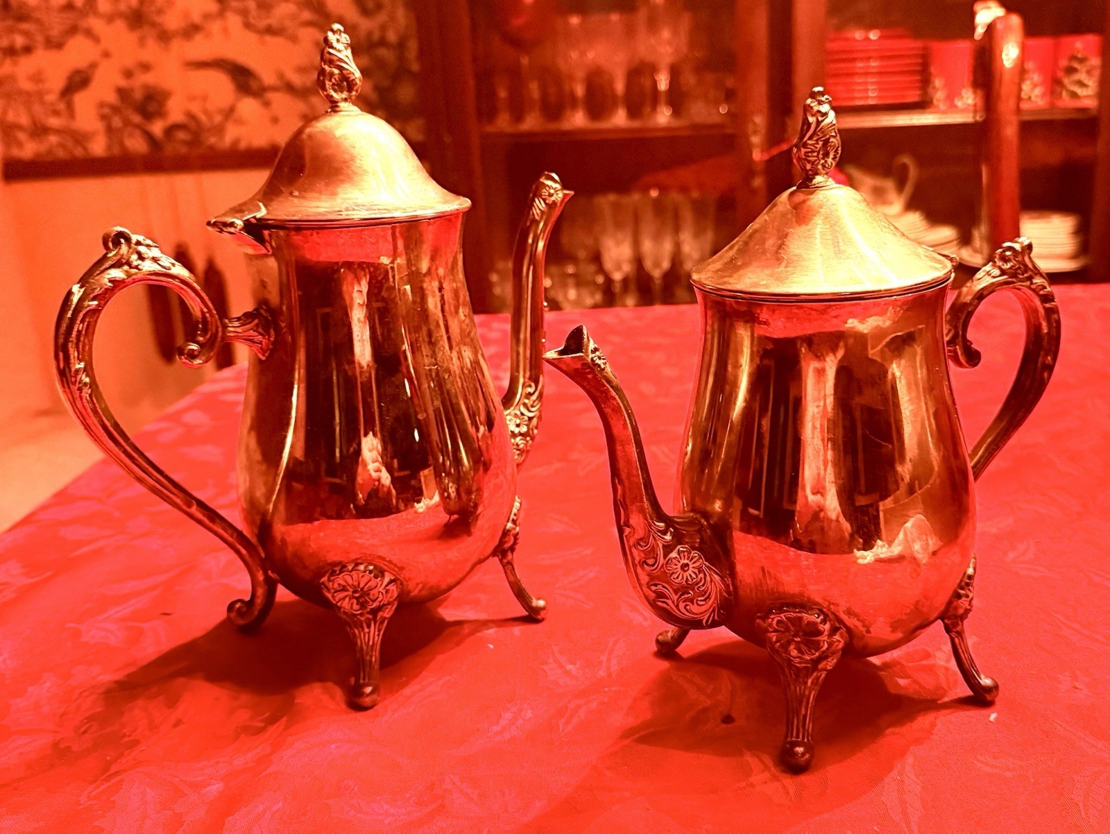 Silverplate Victorian Tea & Coffee Set Servers, Ornate Design Beverage Pitchers