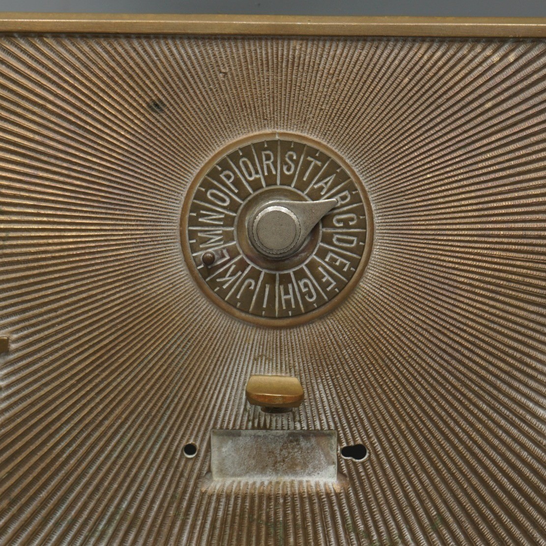 Antique US Post Office Brass Mailbox Door Alphabetical Dial Sunburst Pattern