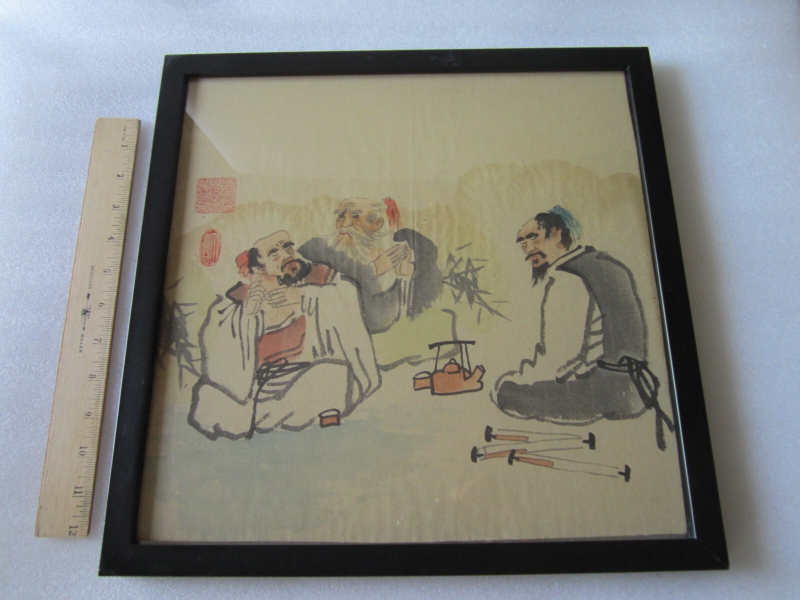 ANTIQUE JAPANESE SUMI INK PAINTING ON LAID RICE PAPER OF IMMORTALS IN LANDSCAPE
