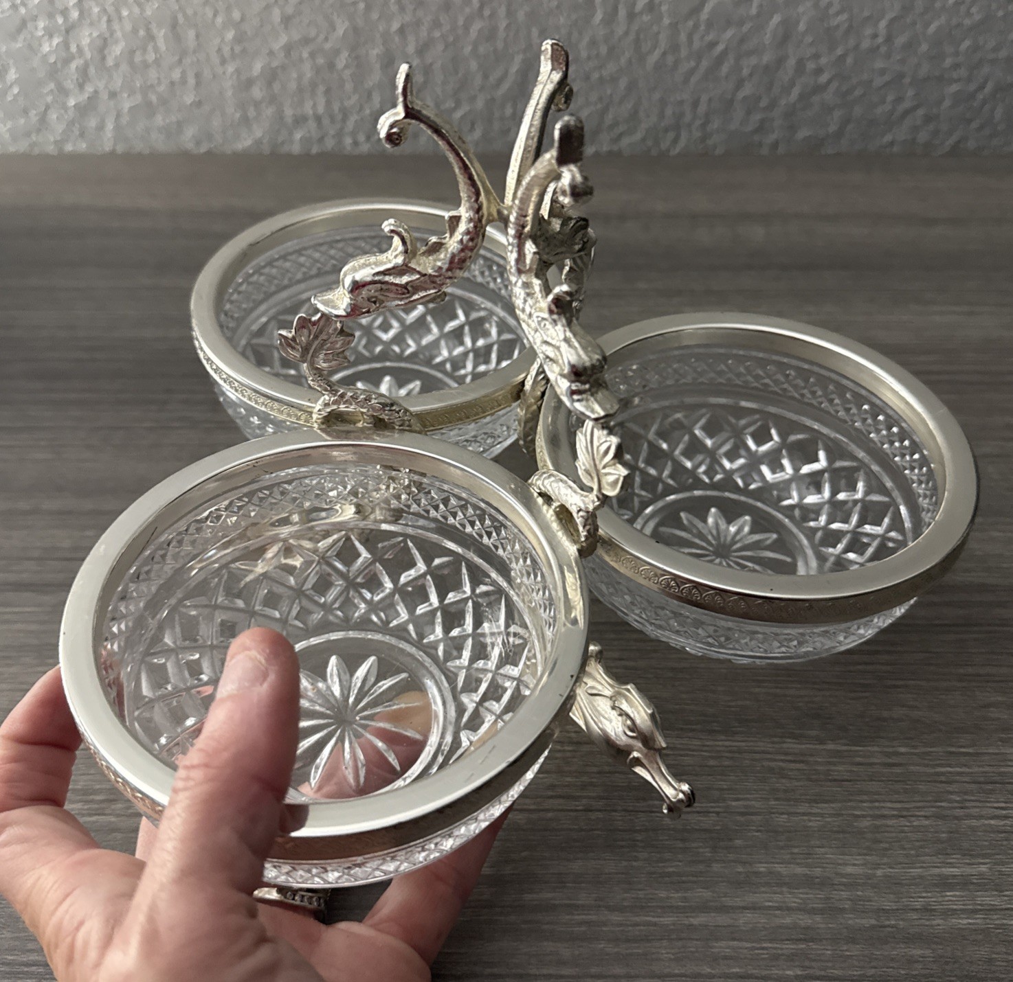 VTG Triple Condiment Server Diamond Cut Glass Bowls Silverplate Leaping Dolphins