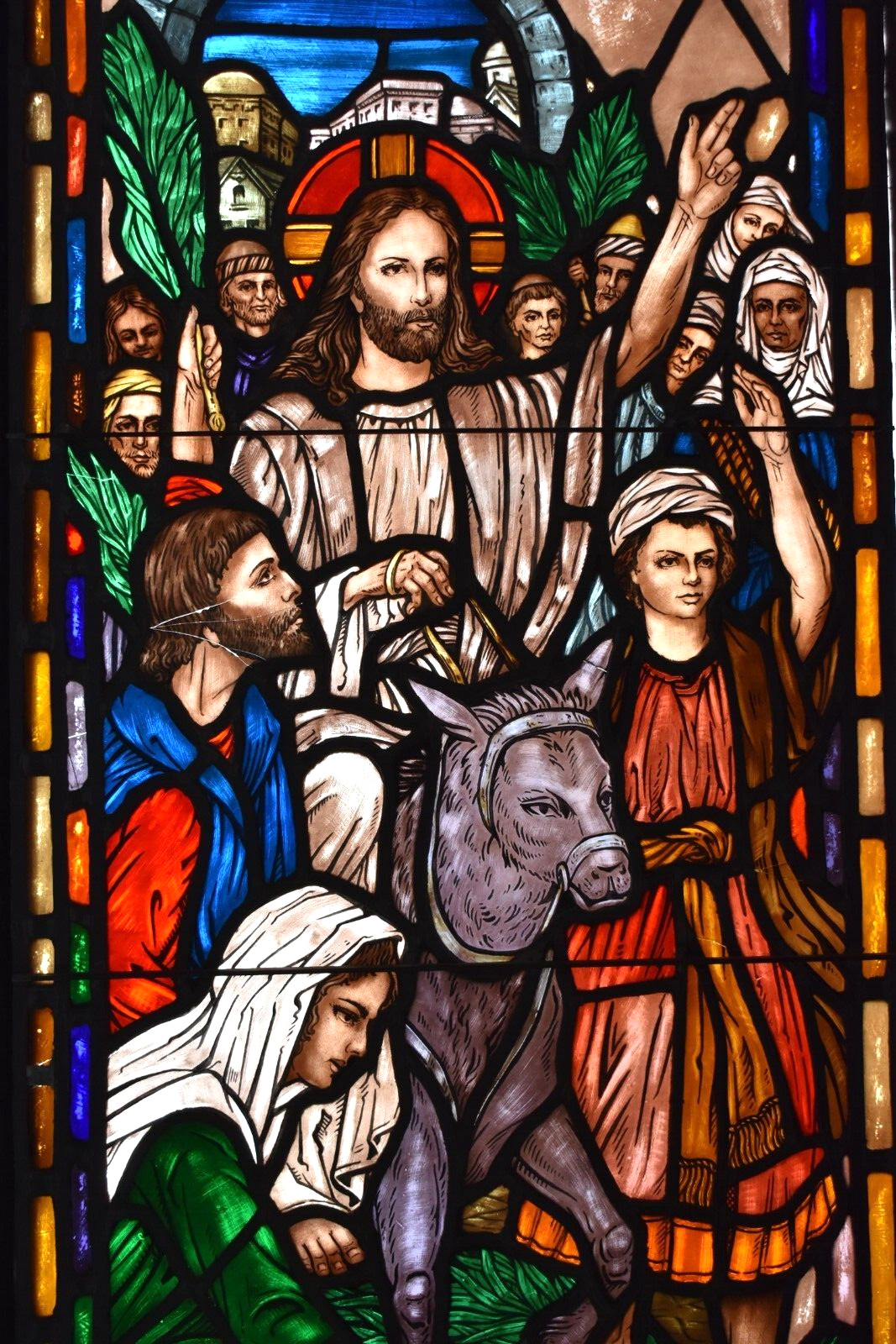 + Stained Glass Church Window, Jesus with Donkey, 49 3/4″ x 22 3/4″ (FPR25)