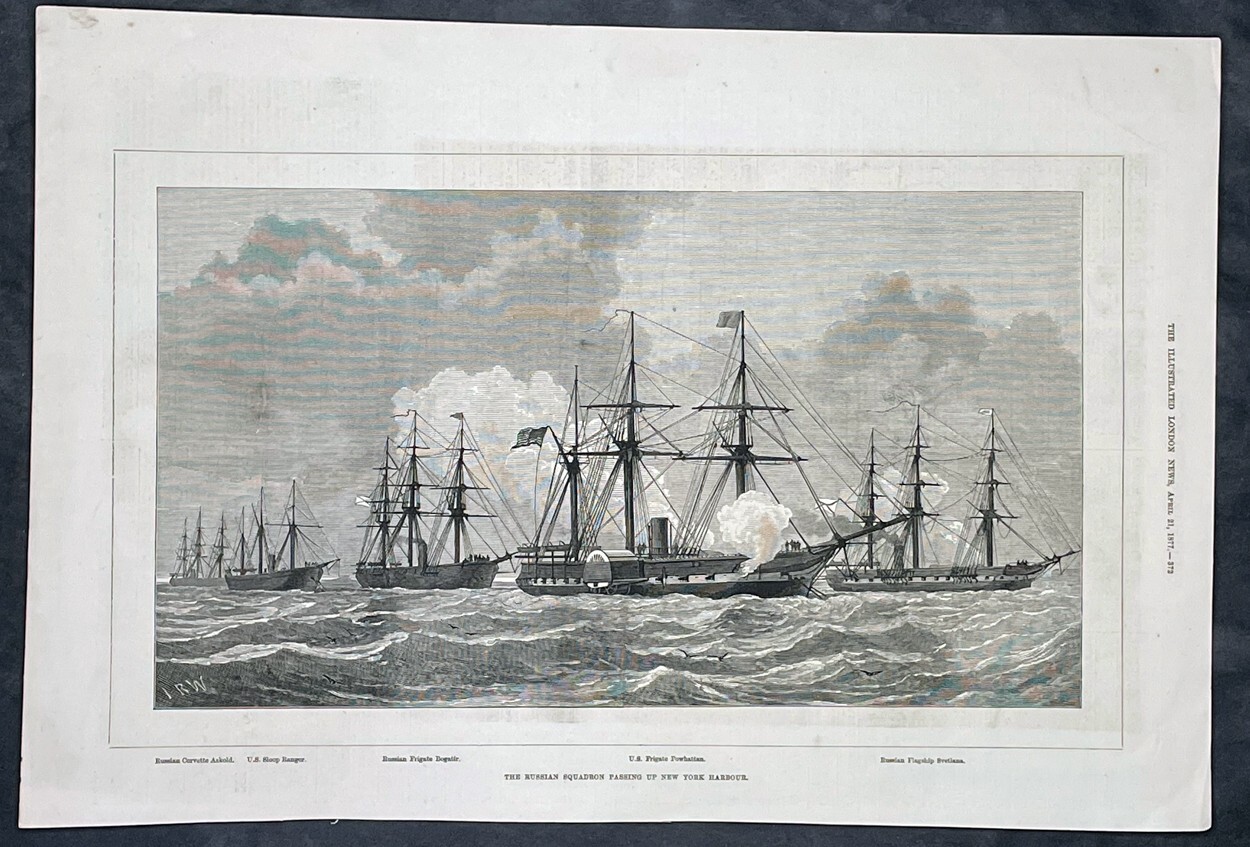 1877 Illustrated London News Antique Print Russian & American Warships, New York