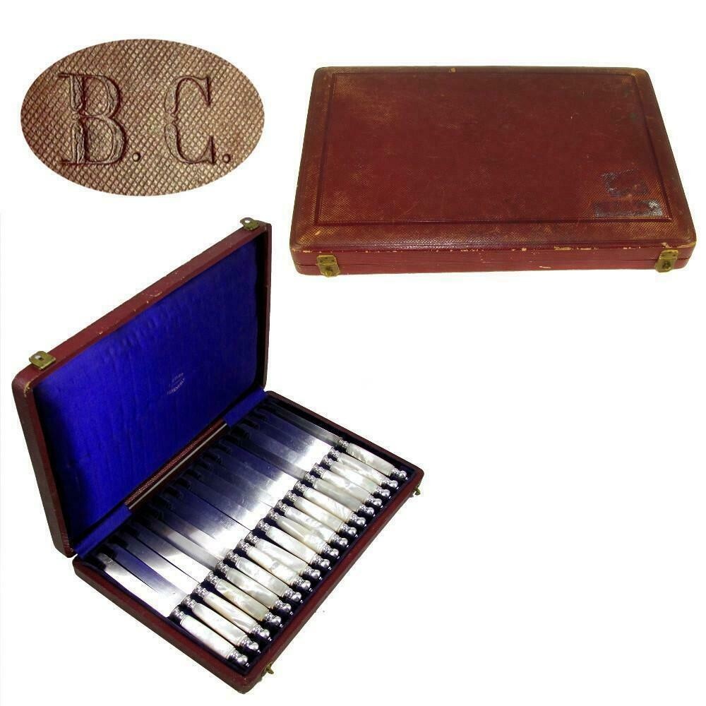 18pc Antique French Silver & Mother of Pearl Handled Knife Set, Knives