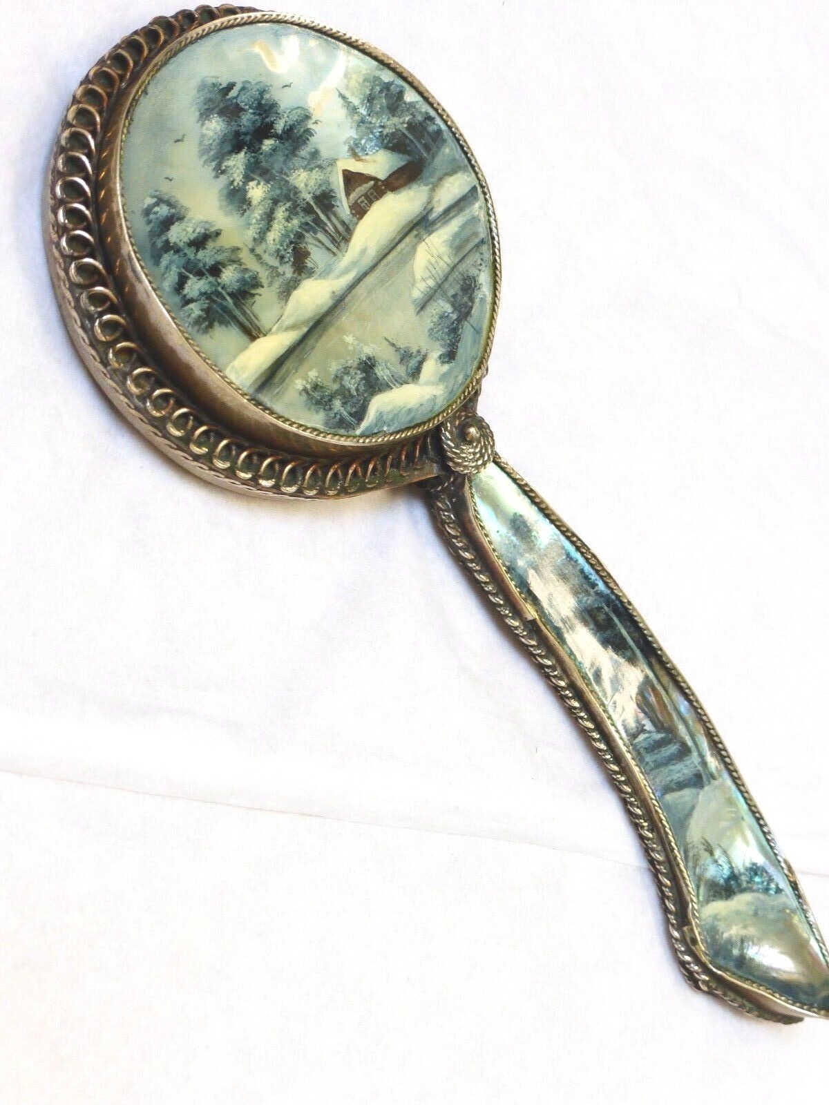 Antique Hand Painted on Abalone Shell Silver Hand Mirror, One of Kind