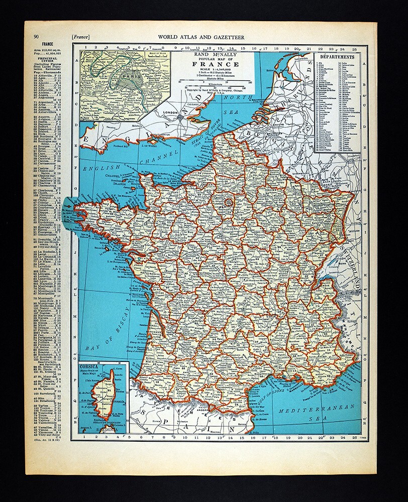 1937 McNally Map France Paris Marseilles Toulouse Bordeaux Nantes Lyon Tours FR