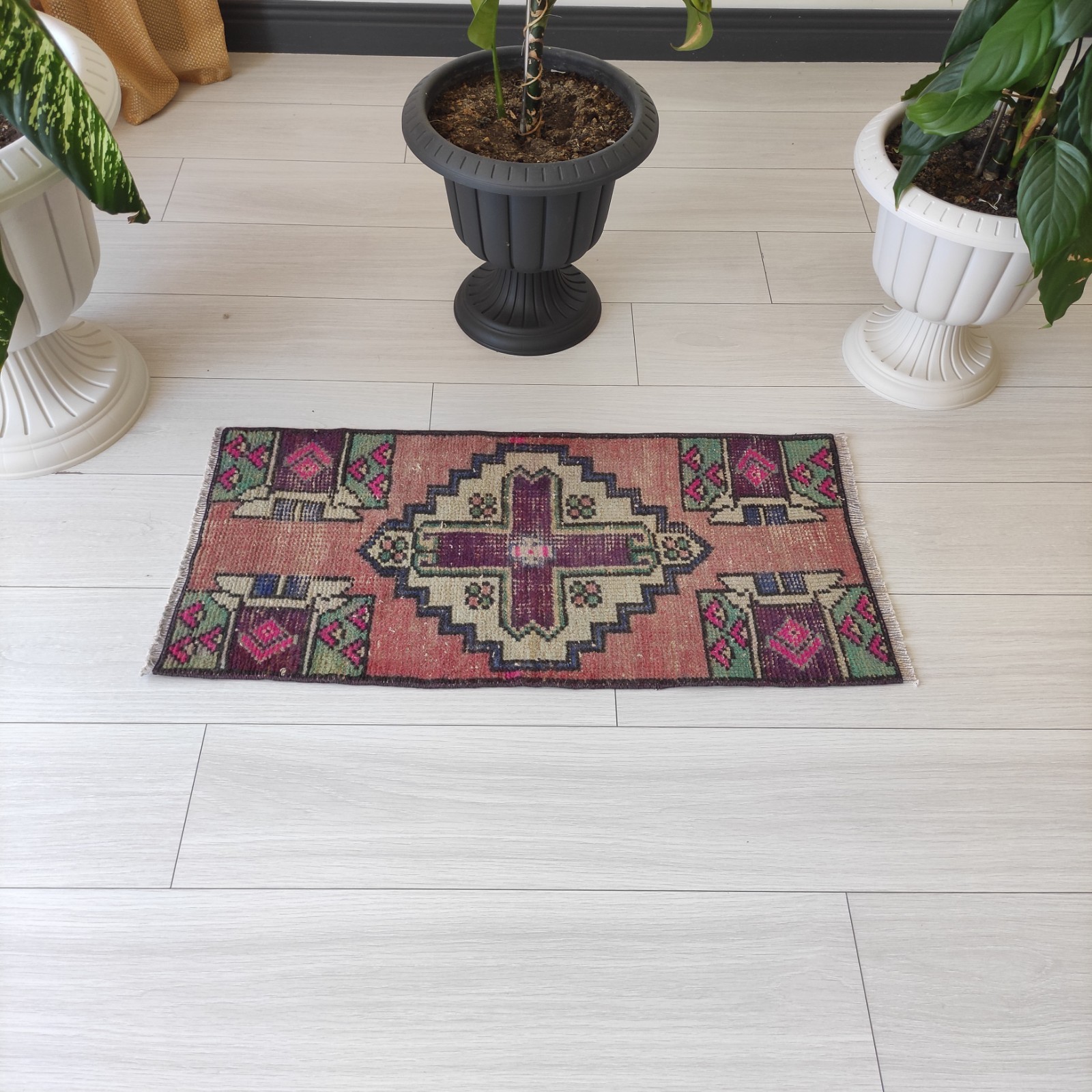 Purple Cross Turkish Vintage Small Rug 42 x 89 cm Bath Mat 1.38 x 2.92 ft
