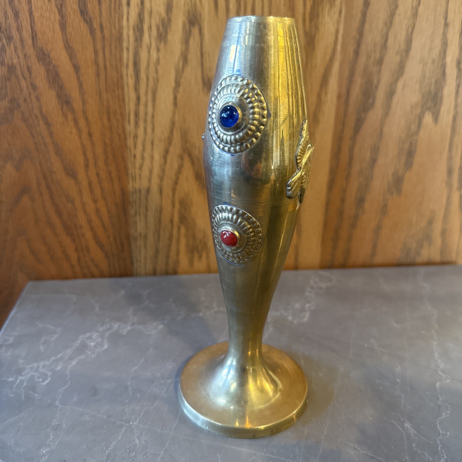Antique India Brass Metal Vase Gem Stones Birds Flowers 8” – Heavy 250g (8.8oz)