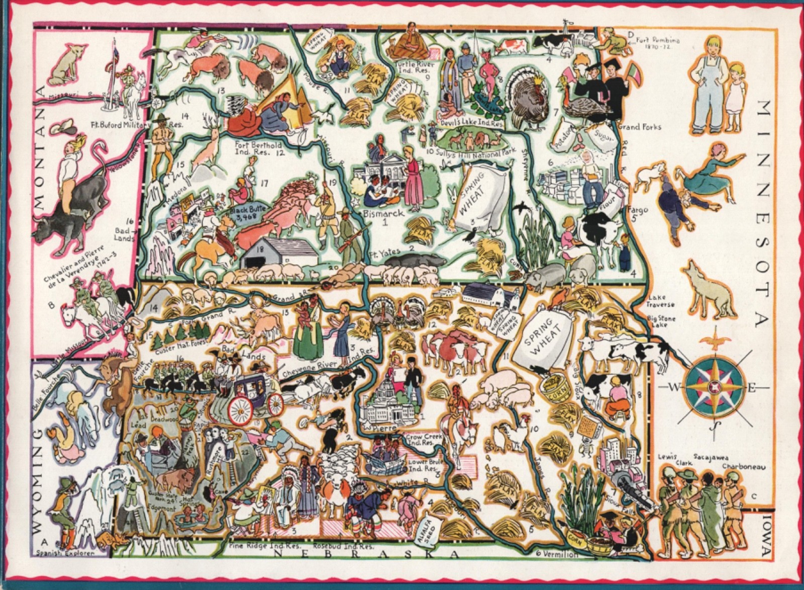 1932 NORTH DAKOTA / SOUTH DAKOTA vintage 9″x 12″ cartoon map BERTA & ELMER HADER