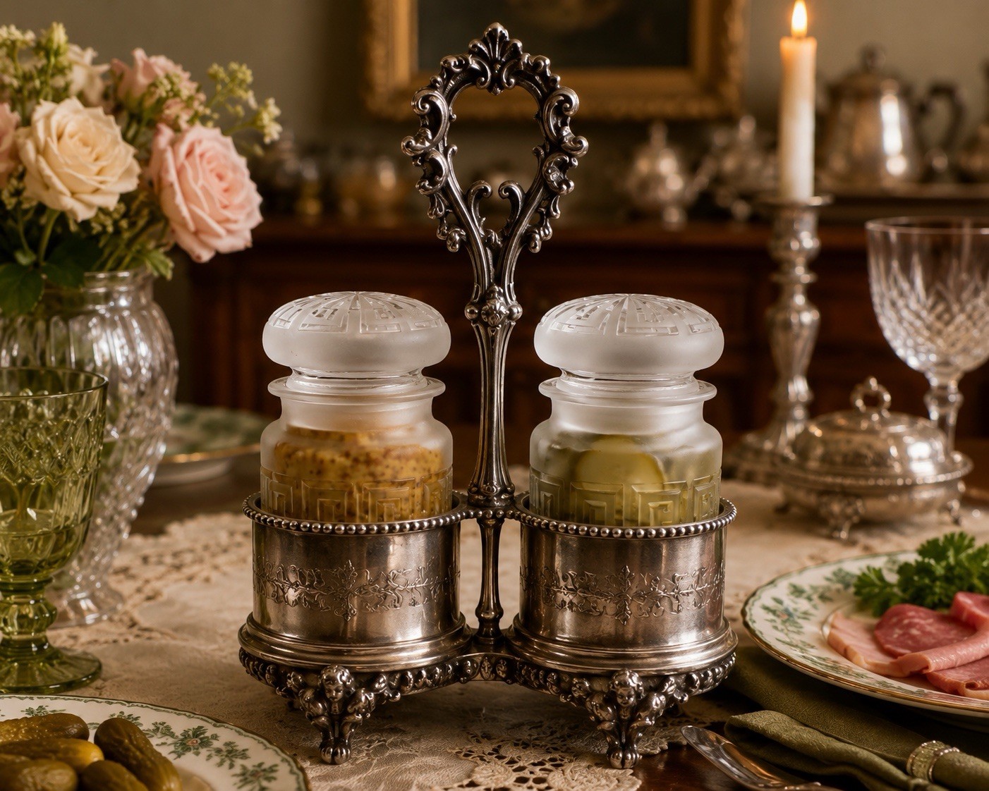 Stunning Antique Clear Cutglass & Silverplate Pickle Serving Jar Condiment Set